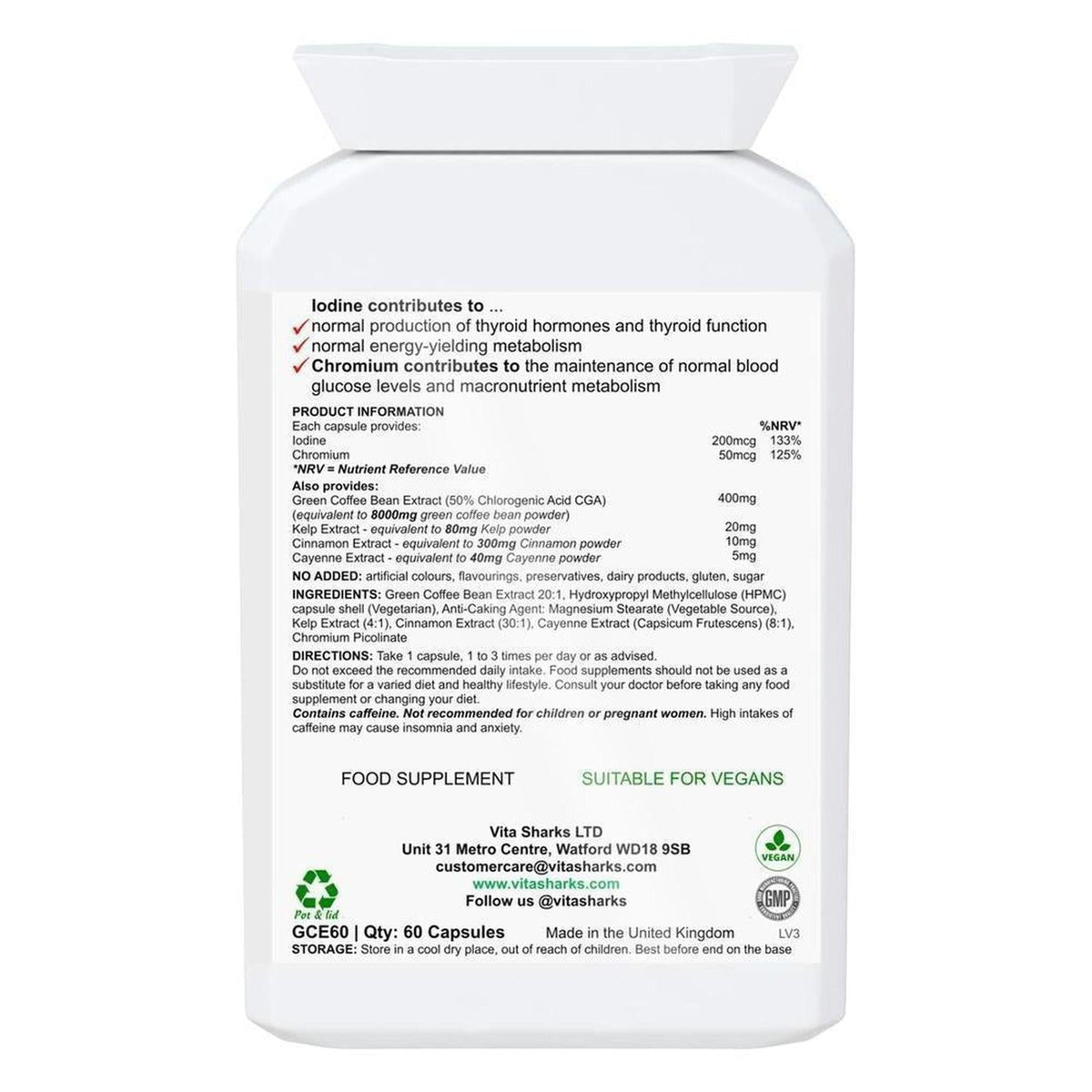 White supplement bottle label with black text listing ingredients, nutritional information, and vegan certification.