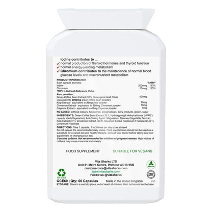 White supplement bottle label with black text listing ingredients, nutritional information, and vegan certification.