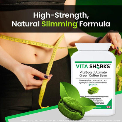 VitaBoost Green Coffee Bean supplement bottle next to a person measuring their waist with a yellow tape measure.