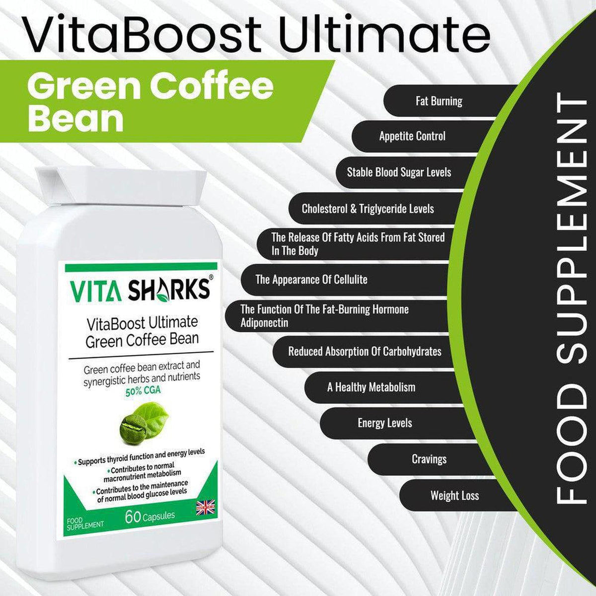 White bottle of VitaBoost Green Coffee Bean capsules with a green label listing health benefits and 60 capsule count.