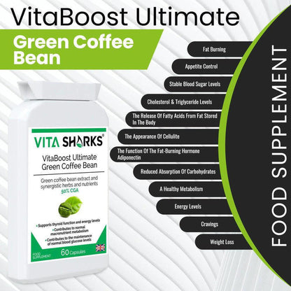 White bottle of VitaBoost Green Coffee Bean capsules with a green label listing health benefits and 60 capsule count.