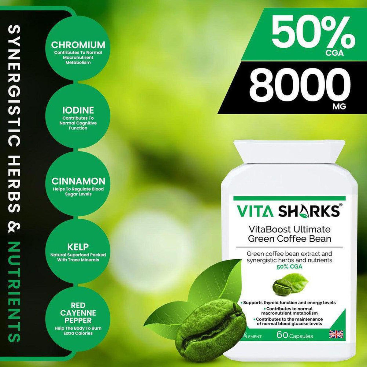 White supplement bottle of VitaBoost Green Coffee Bean with green leaf accents and a list of herbal ingredients on a gradient background.