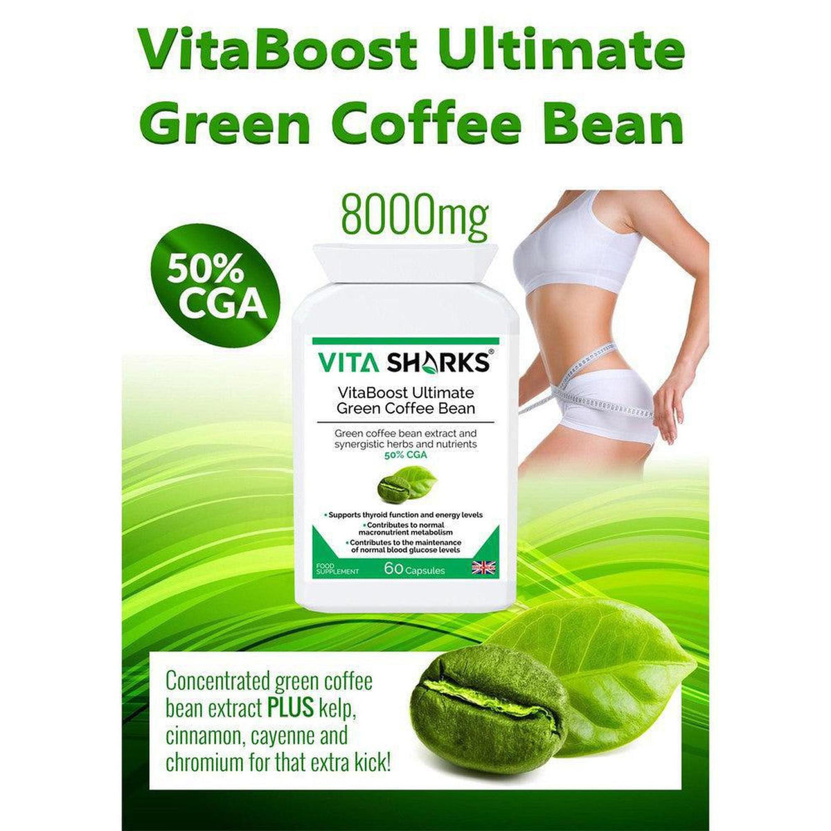 VitaBoost Green Coffee Bean supplement bottle with 8000mg label, green coffee bean graphic, and fit woman on a green background.