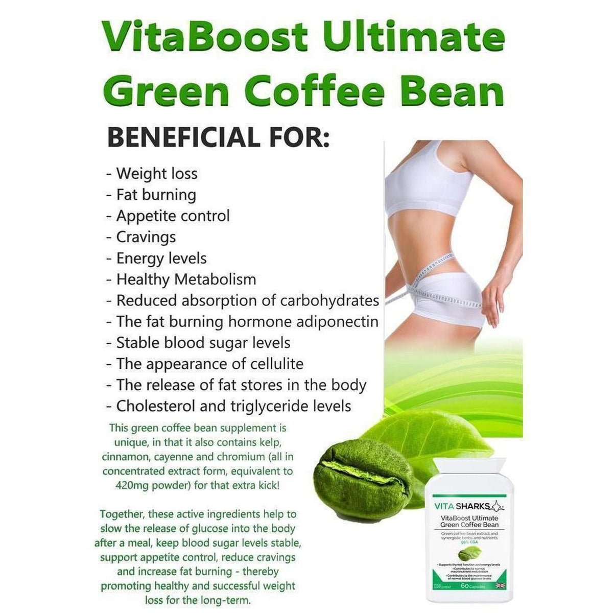 VitaBoost Green Coffee Bean supplement bottle next to a raw green coffee bean and a fit woman's midsection.