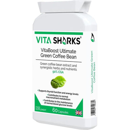 White supplement bottle of VitaBoost Green Coffee Bean capsules with a green and white label featuring a coffee bean icon.
