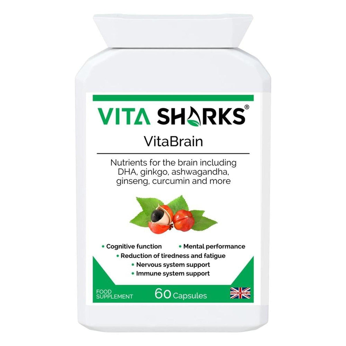 White bottle of VitaBrain nootropic capsules with a label featuring green leaves, red berries, and supplement benefits.