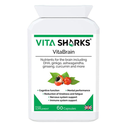 White bottle of VitaBrain nootropic capsules with a label featuring green leaves, red berries, and supplement benefits.