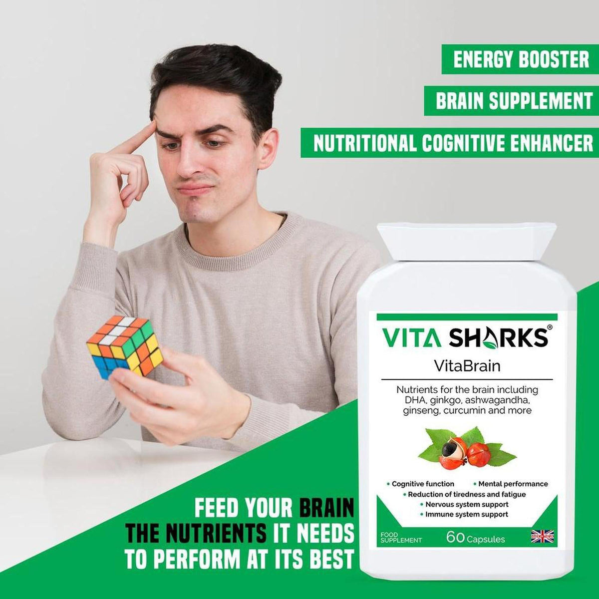Man in beige sweater holding a Rubik's cube next to a white bottle of VitaBrain cognitive supplement capsules.