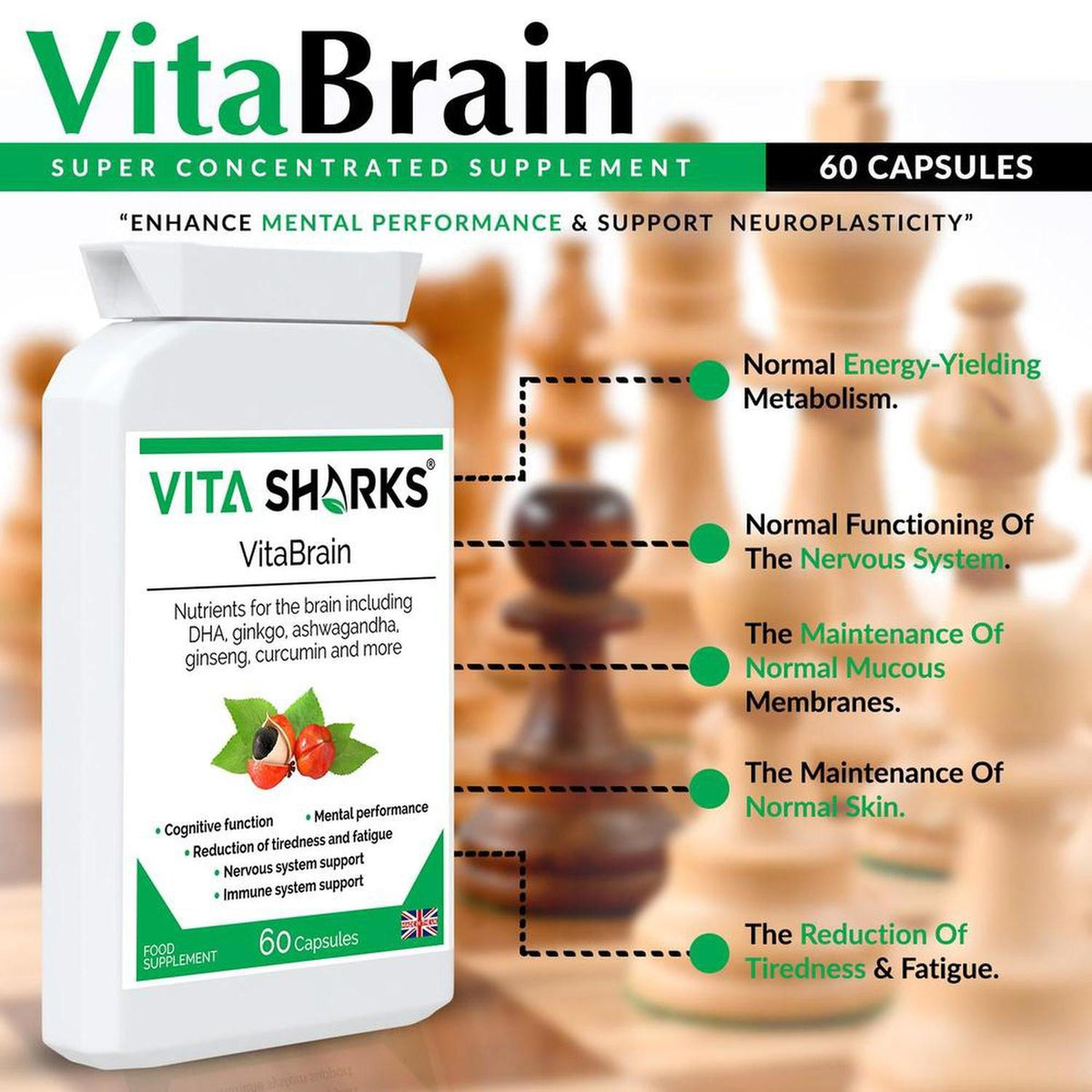 VitaBrain supplement bottle with white label, 60 capsules, and infographic list of cognitive health benefits.