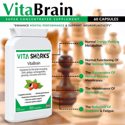 VitaBrain supplement bottle with white label, 60 capsules, and infographic list of cognitive health benefits.