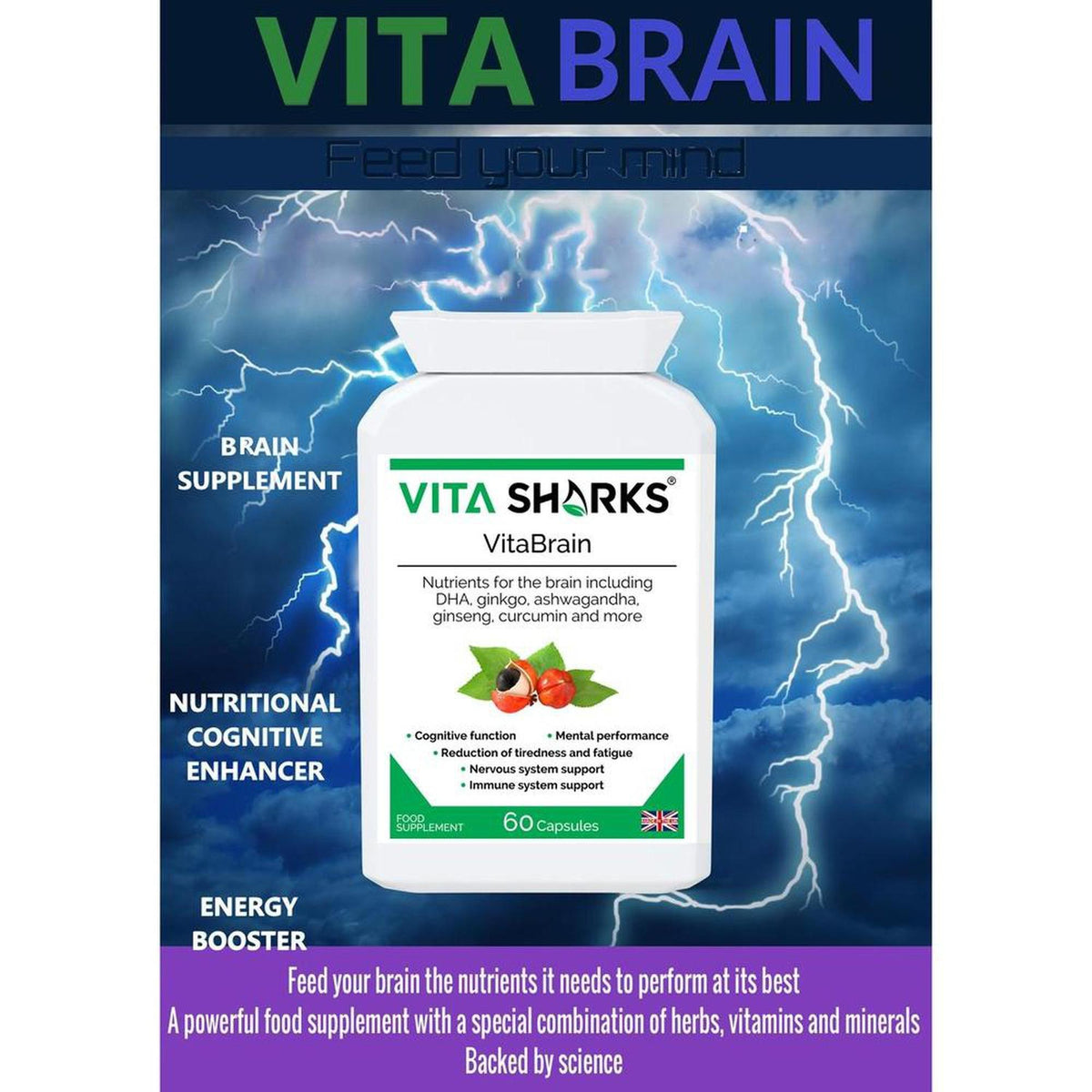 VitaBrain supplement bottle on a blue lightning background with text highlighting cognitive benefits and 60 capsules.