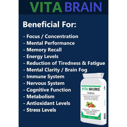 VitaBrain supplement bottle with a list of cognitive health benefits on a dark blue background.