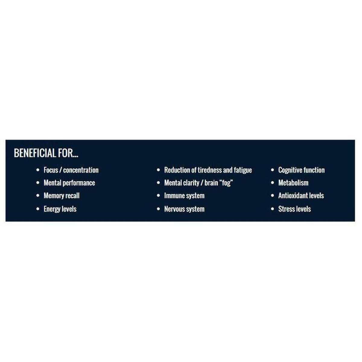 Dark blue informational banner listing VitaBrain health benefits like focus, memory, and cognitive function in white text.