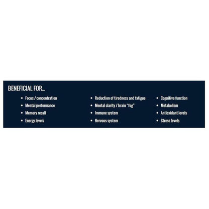 Dark blue informational banner listing VitaBrain health benefits like focus, memory, and cognitive function in white text.