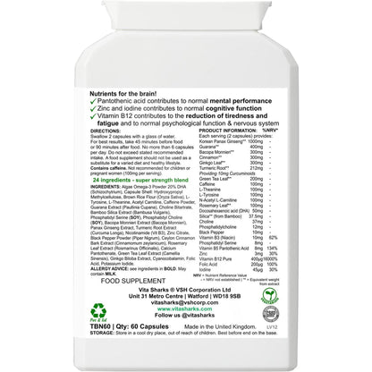 White VitaBrain supplement bottle label featuring a detailed ingredients list, nutritional facts table, and usage directions.