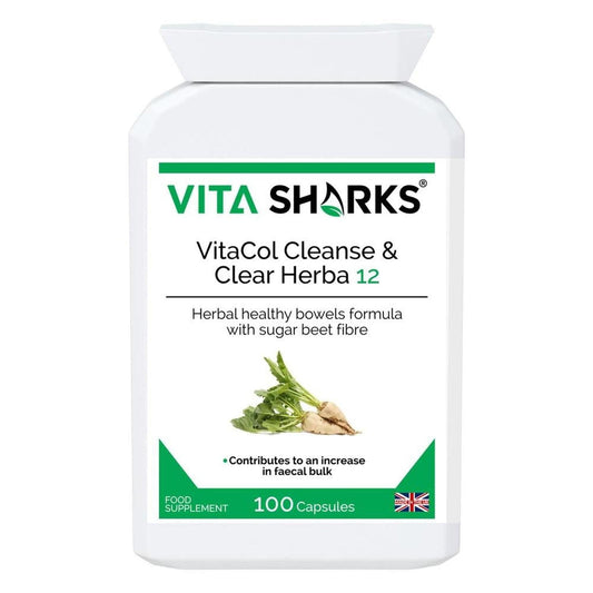 White plastic bottle of VitaCol Cleanse & Clear Herba 12 capsules with green branding and a sugar beet graphic.