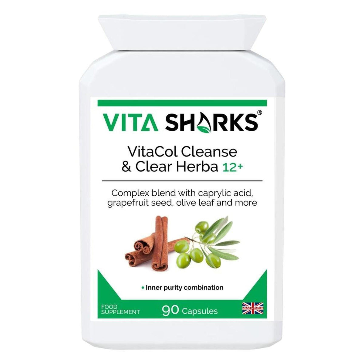 White bottle of VitaCol Cleanse & Clear Herba 12+ capsules with green branding, cinnamon sticks, and olives on the label.