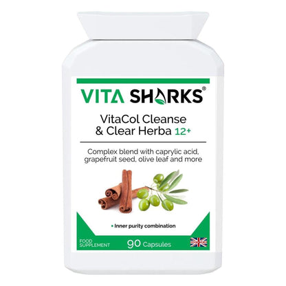 White bottle of VitaCol Cleanse & Clear Herba 12+ capsules with green branding, cinnamon sticks, and olives on the label.