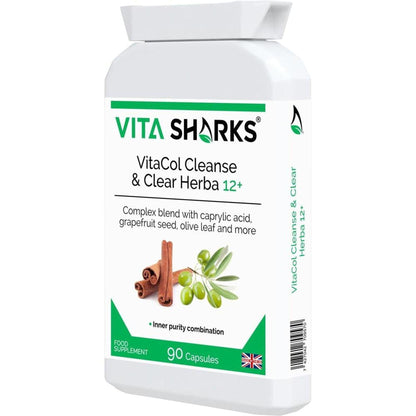 White bottle of VitaCol Cleanse & Clear Herba 12+ capsules with green branding, featuring cinnamon and olive illustrations.