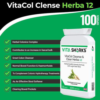 VitaCol Cleanse & Clear Herba 12 supplement bottle with 100 capsules on a green background with benefit list.