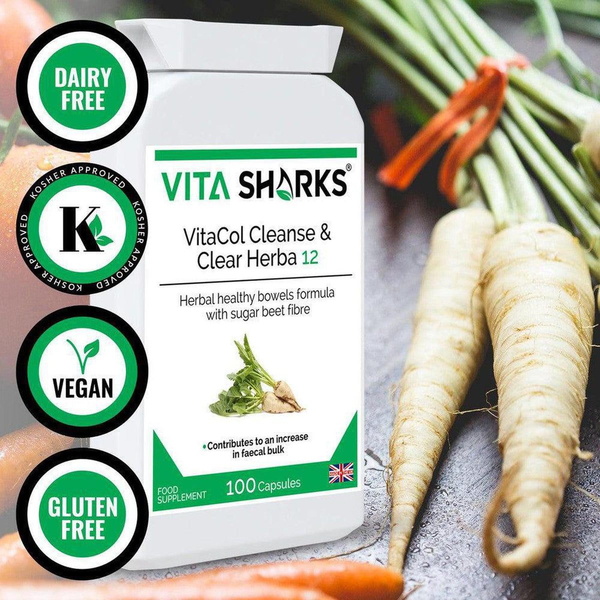 VitaCol Cleanse & Clear Herba 12 supplement bottle with vegan, gluten-free, and kosher labels next to fresh parsnips.