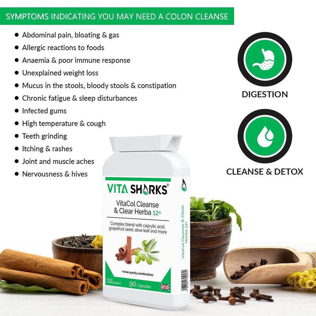 VitaCol Cleanse & Clear Herba 12+ bottle with a list of symptoms, digestion icons, and natural botanical ingredients.
