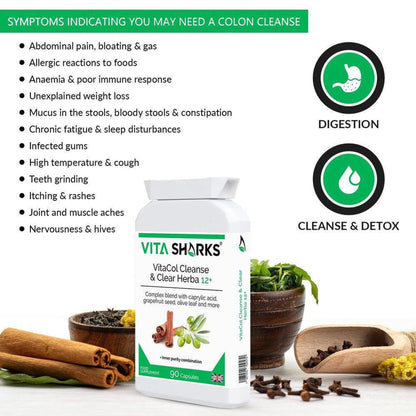 VitaCol Cleanse & Clear Herba 12+ bottle with a list of symptoms, digestion icons, and natural botanical ingredients.