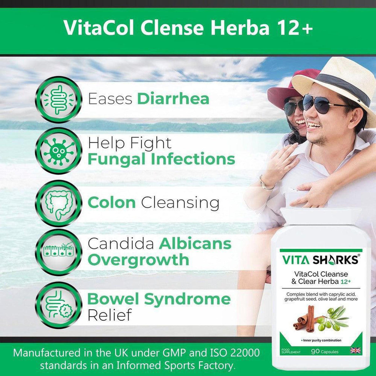 VitaCol Cleanse & Clear Herba 12+ supplement bottle with icons listing digestive health benefits against a beach background.