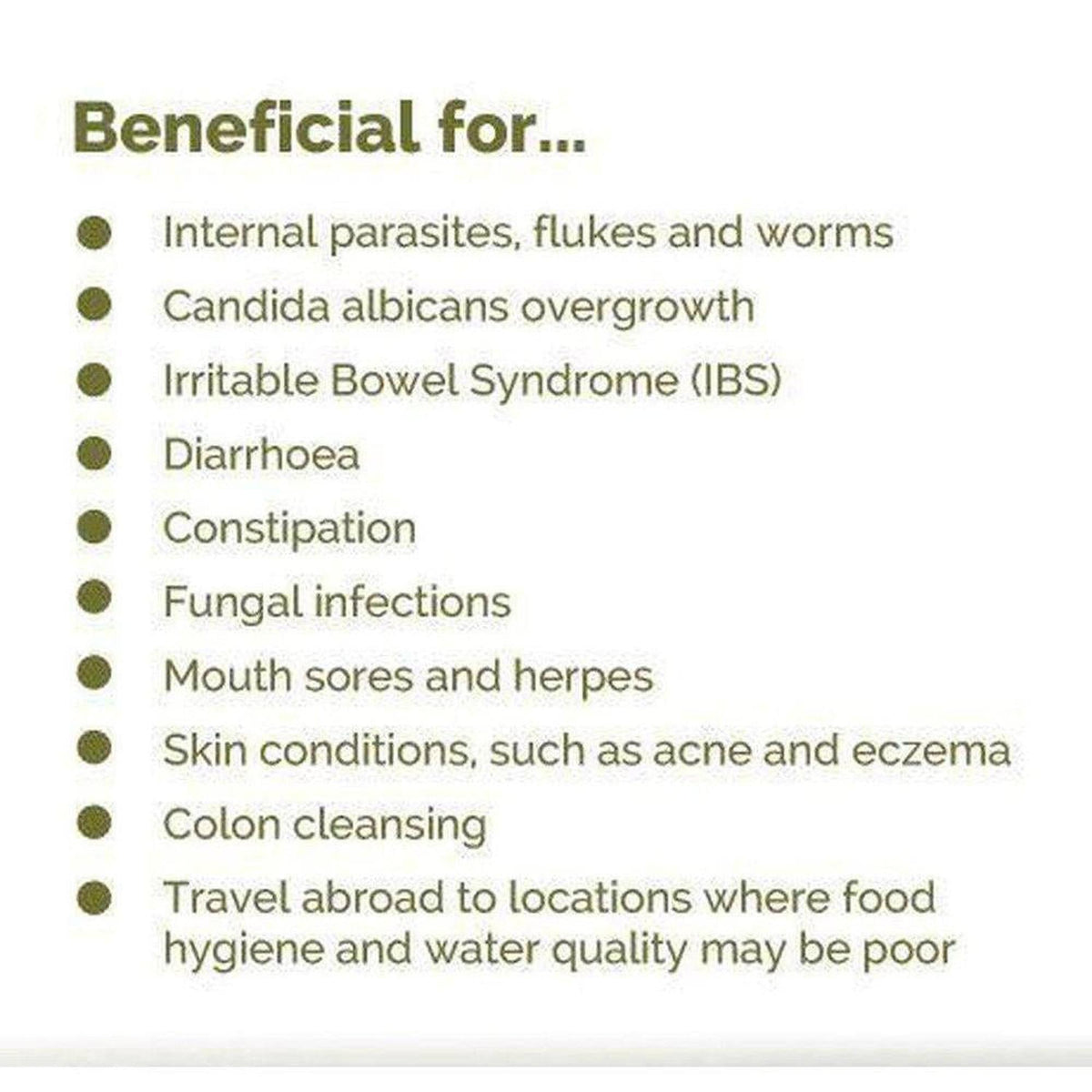 List of health benefits for VitaCol Cleanse & Clear Herba 12+ on a white background with dark olive green bullet points.