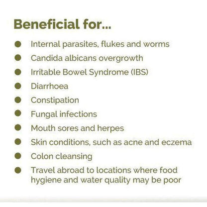 List of health benefits for VitaCol Cleanse & Clear Herba 12+ on a white background with dark olive green bullet points.