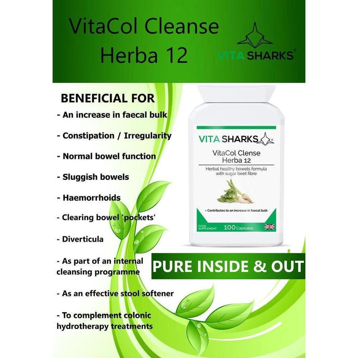 VitaCol Cleanse Herba 12 supplement bottle with a white label, green text, and herbal graphics on a white background.