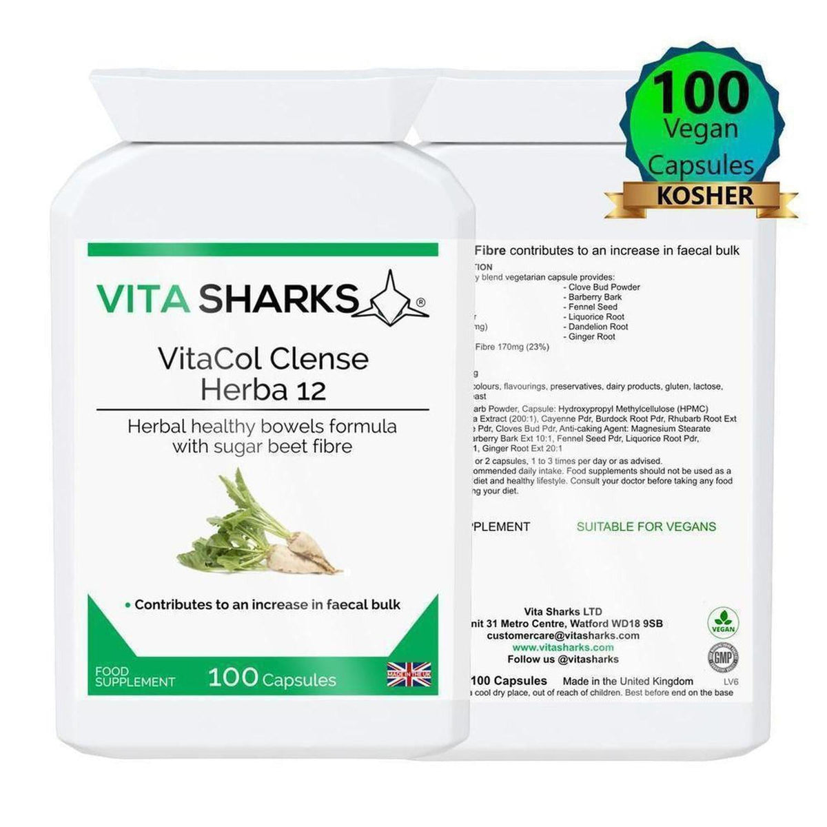 White VitaCol Cleanse Herba 12 supplement bottle with green label, sugar beet graphic, and 100 vegan capsule seal.
