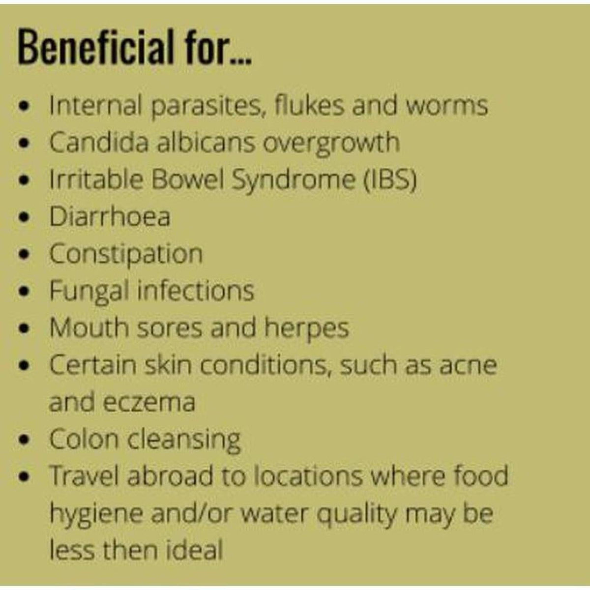 Bullet point list on a light olive background detailing health benefits of VitaCol Cleanse & Clear Herba 12+ supplement.
