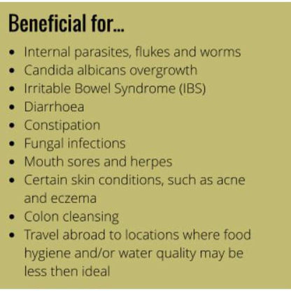 Bullet point list on a light olive background detailing health benefits of VitaCol Cleanse & Clear Herba 12+ supplement.