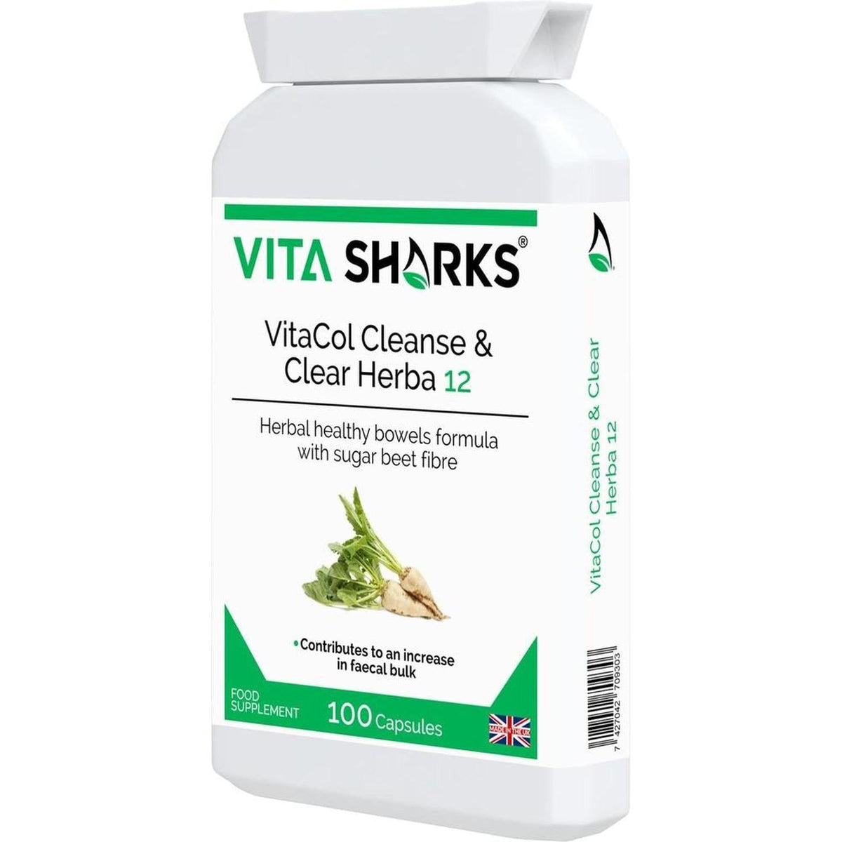 White plastic bottle of VitaCol Cleanse & Clear Herba 12 capsules with green branding and a sugar beet graphic.
