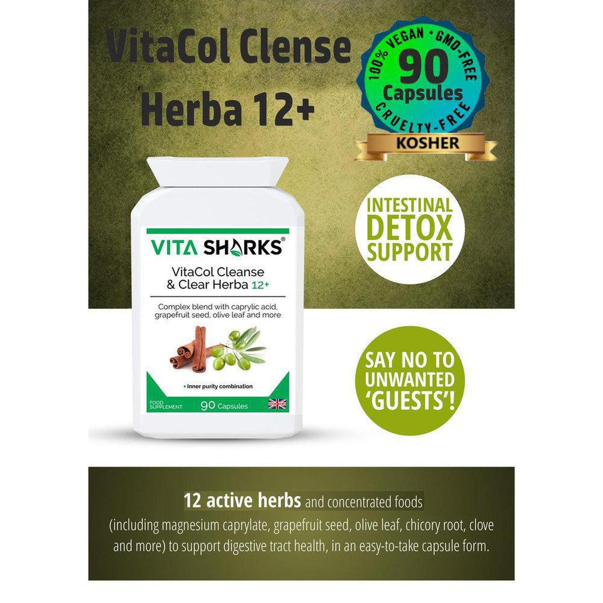 White bottle of VitaCol Cleanse & Clear Herba 12+ capsules with green label, featuring herbal ingredients and detox support text.
