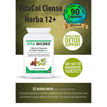 White bottle of VitaCol Cleanse & Clear Herba 12+ capsules with green label, featuring herbal ingredients and detox support text.
