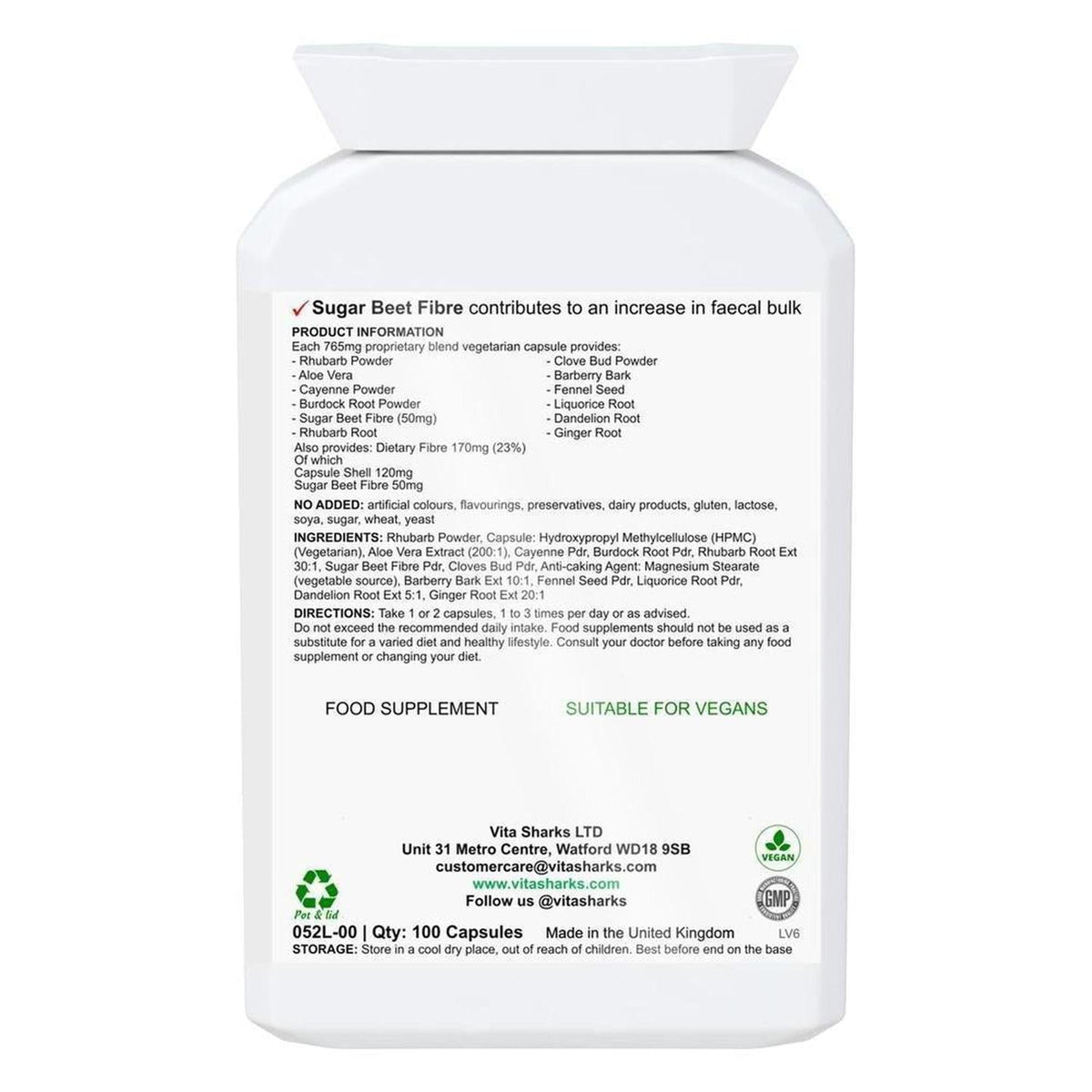 White plastic supplement bottle with a detailed ingredient label for VitaCol Cleanse & Clear Herba 12 capsules.