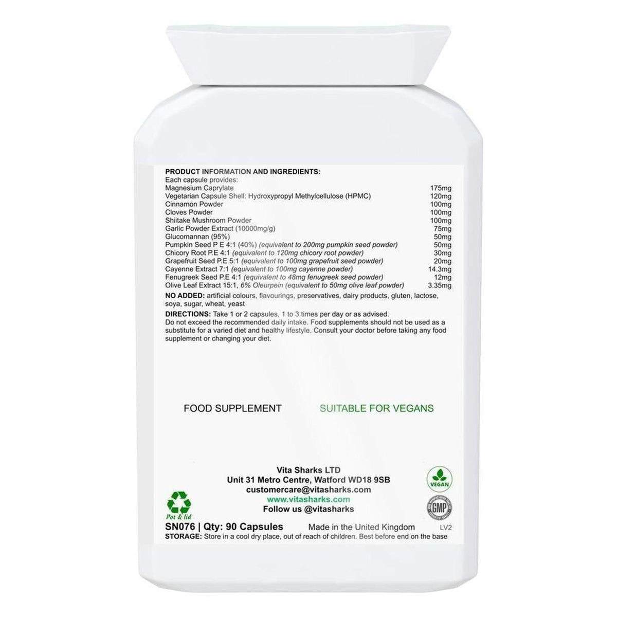 White supplement bottle back label with black text listing ingredients, dosage instructions, and company contact details.
