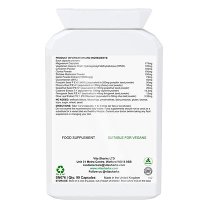White supplement bottle back label with black text listing ingredients, dosage instructions, and company contact details.