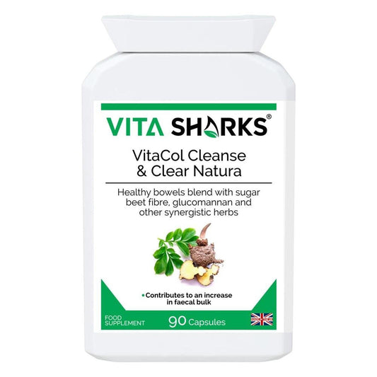 White bottle of VitaCol Cleanse & Clear Natura capsules with green branding and botanical illustrations on the label.