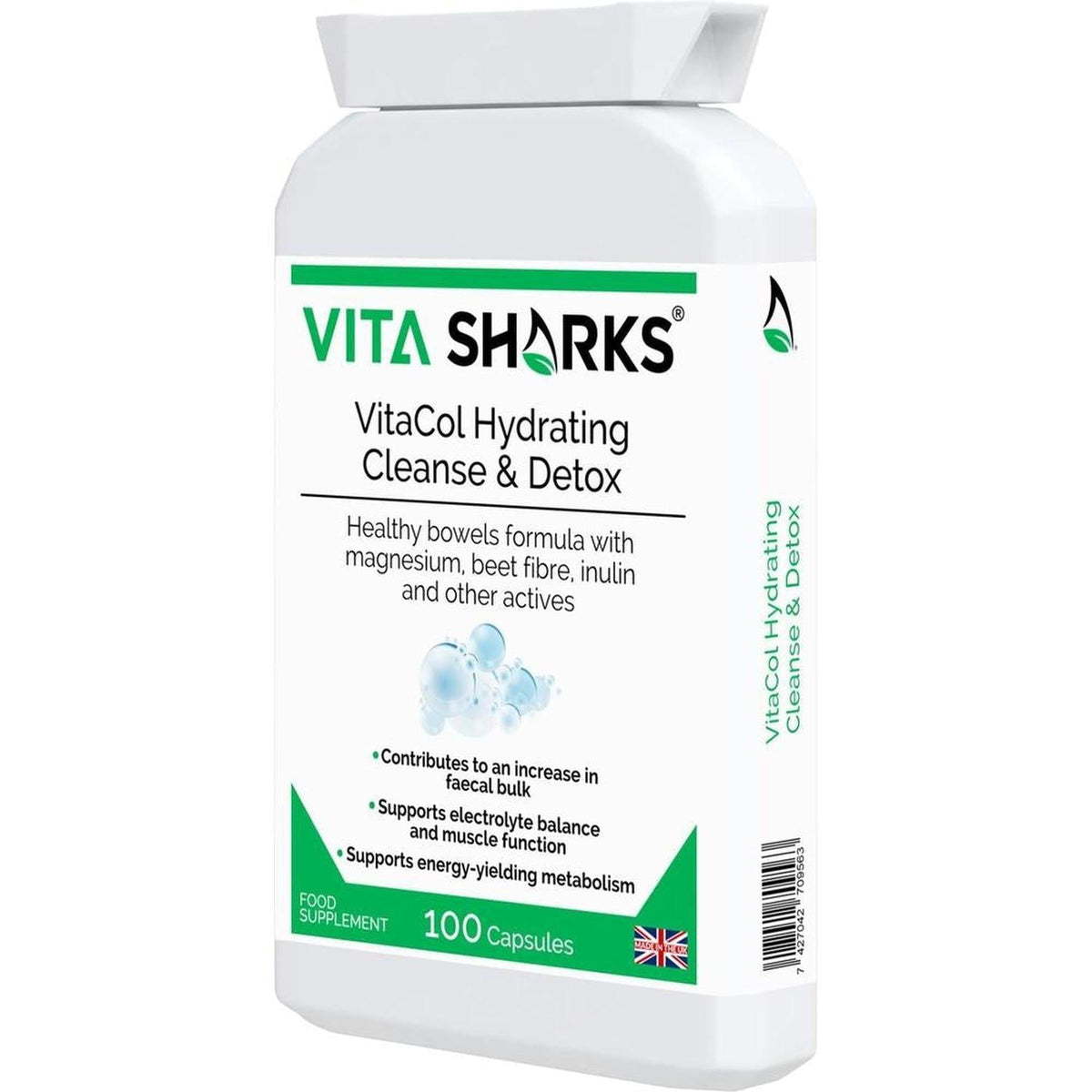 White plastic bottle of VitaCol Hydrating Cleanse & Detox capsules with green branding and 100-count label.