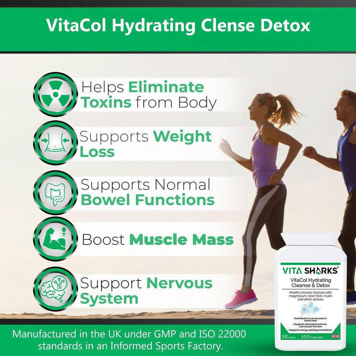VitaCol Hydrating Cleanse & Detox supplement bottle next to a list of health benefits and an active couple running.