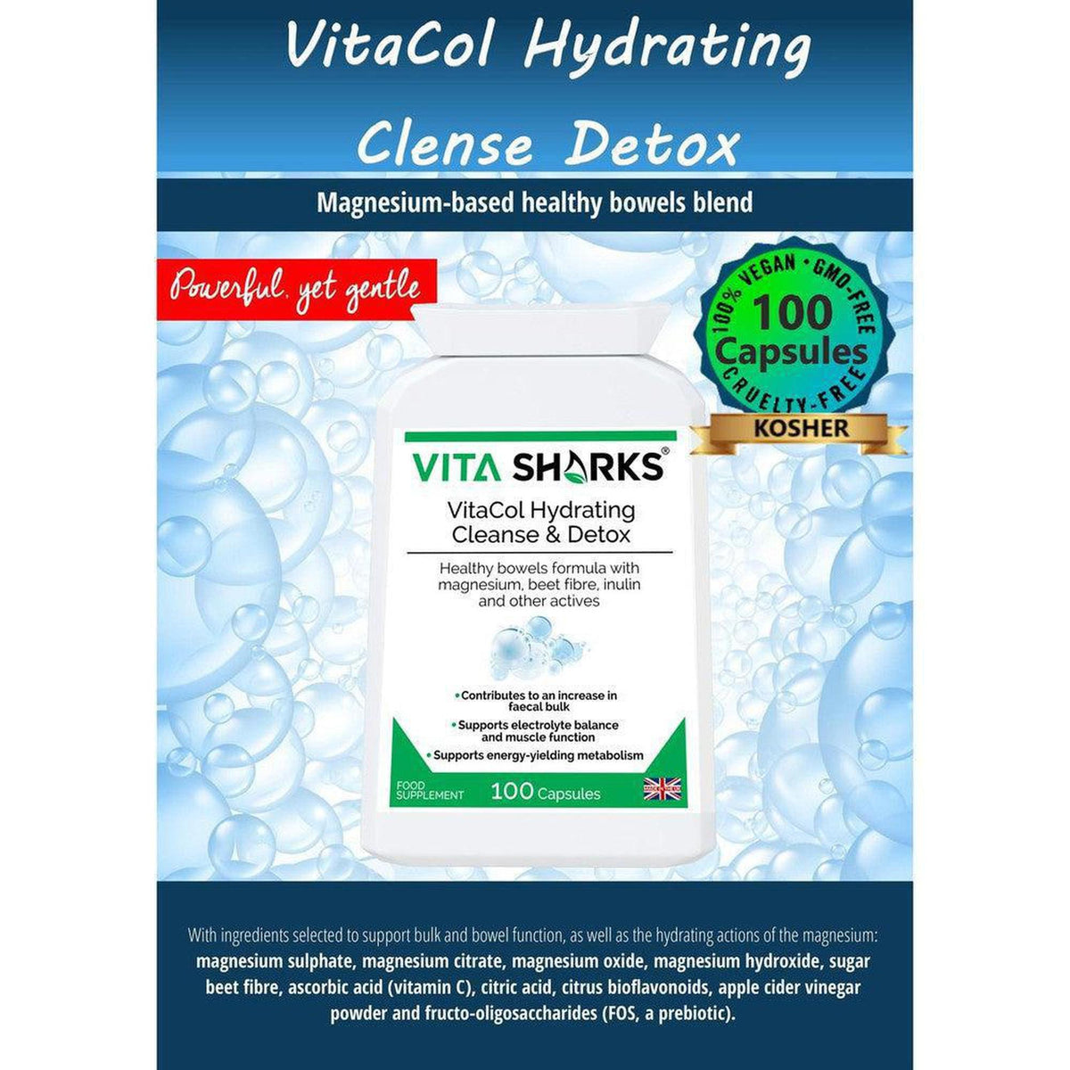 White supplement bottle of VitaCol Hydrating Cleanse & Detox on a blue background with water bubble graphics.