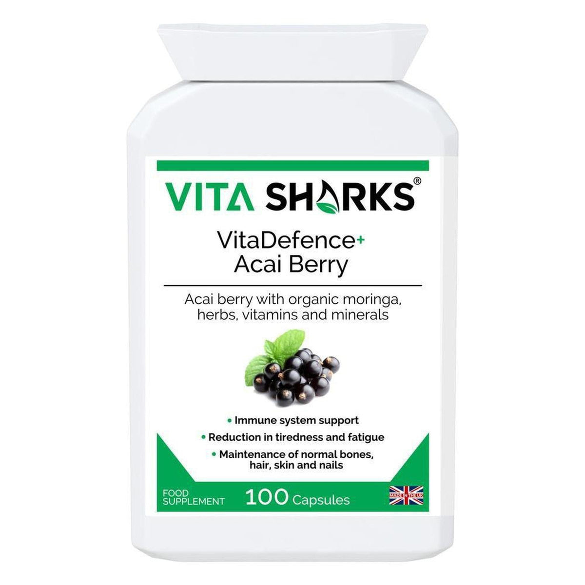 White bottle of VitaDefence+ Acai Berry capsules with a green and black label featuring acai berries and supplement benefits.