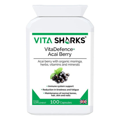 White bottle of VitaDefence+ Acai Berry capsules with a green and black label featuring acai berries and supplement benefits.