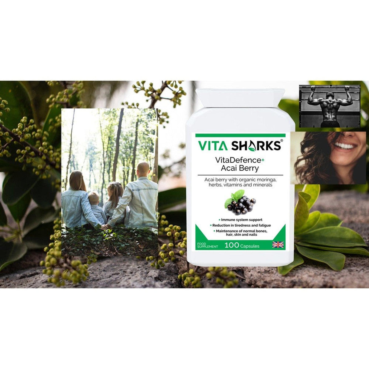 VitaDefence+ Acai Berry supplement bottle with white label, green accents, and imagery of family, fitness, and wellness.