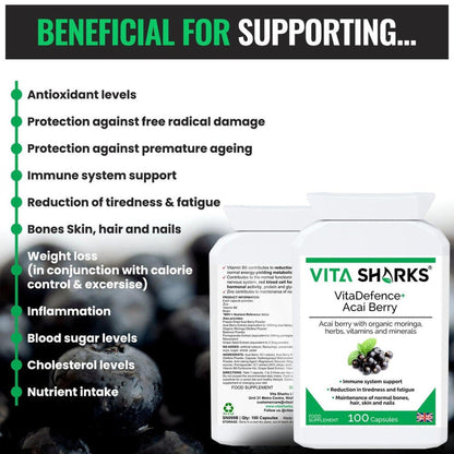 VitaDefence+ Acai Berry supplement bottle with a list of health benefits on a white background.