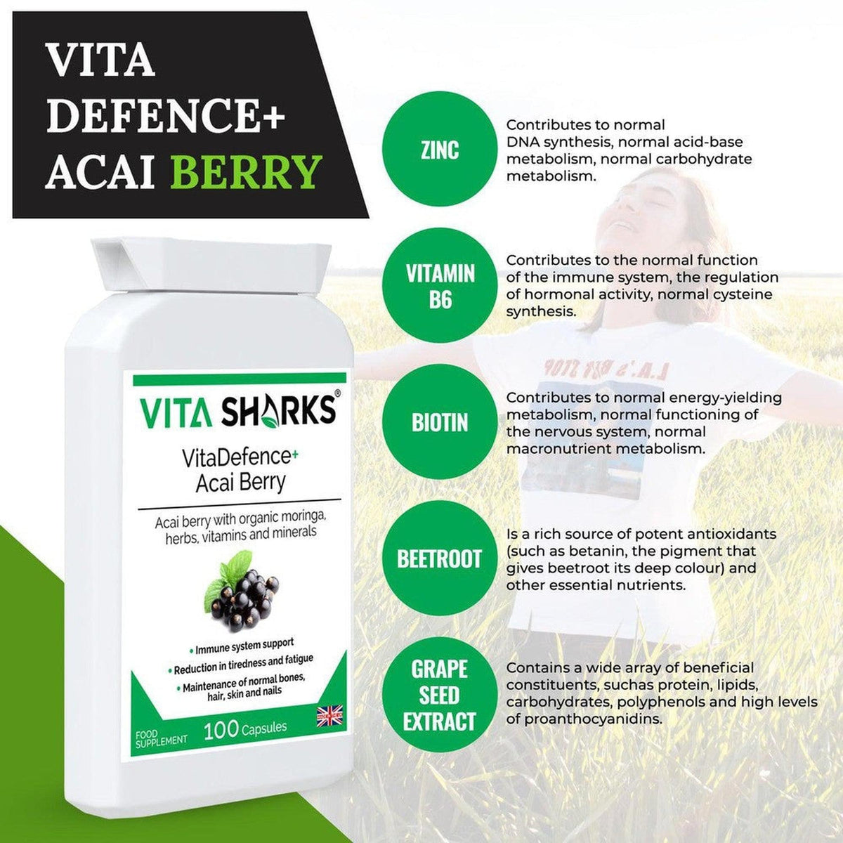 White bottle of VitaDefence+ Acai Berry capsules with green labels and ingredient benefits list on a sunny field background.