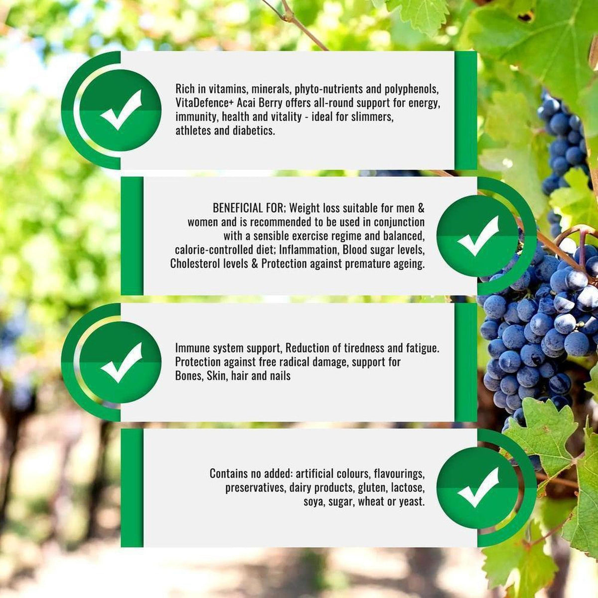 Infographic listing VitaDefence+ Acai Berry health benefits with green checkmark icons against a background of grapevines.